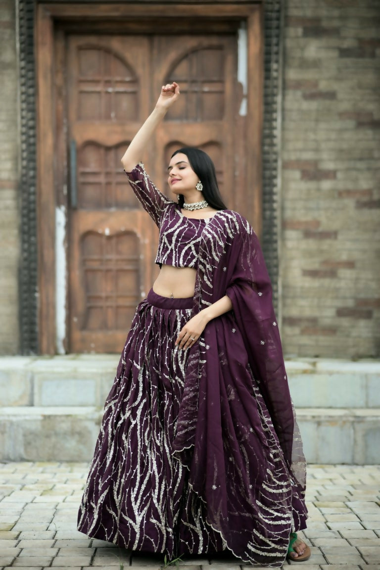 Vastranavya Enchanting Designer Tebby-Silk Lehenga Choli With Dupatta Set - Wine | Grocsy