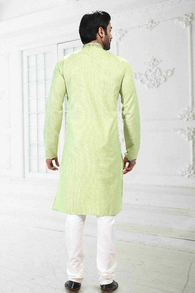 Raivat Ethnic Linen Cotton Thread Work Kurta Pajama In Pista Green Colour | Grocsy