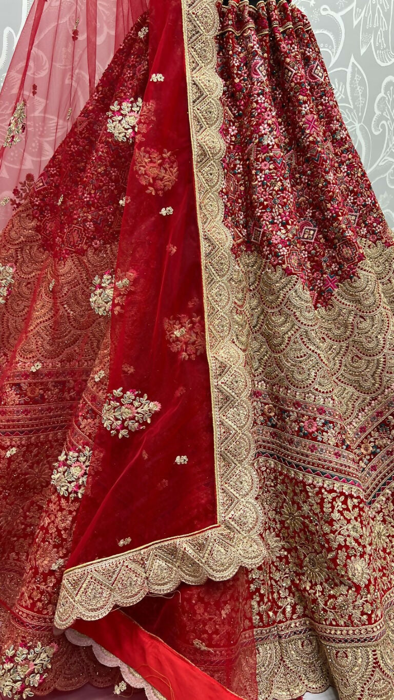 Jyoti Fashion Women's Red Velvet Fancy Dori & Sequins Multi Thread Embroidered with Diamond Work Wedding Lehenga Choli | Grocsy