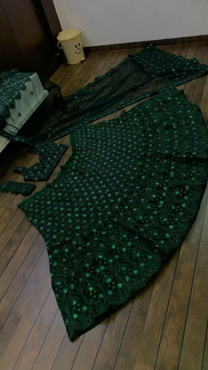 Jyoti Fashion Women's Dark Green Net Sequins with Dori & Thread Embroidered Designer Lehenga Choli Set | Grocsy
