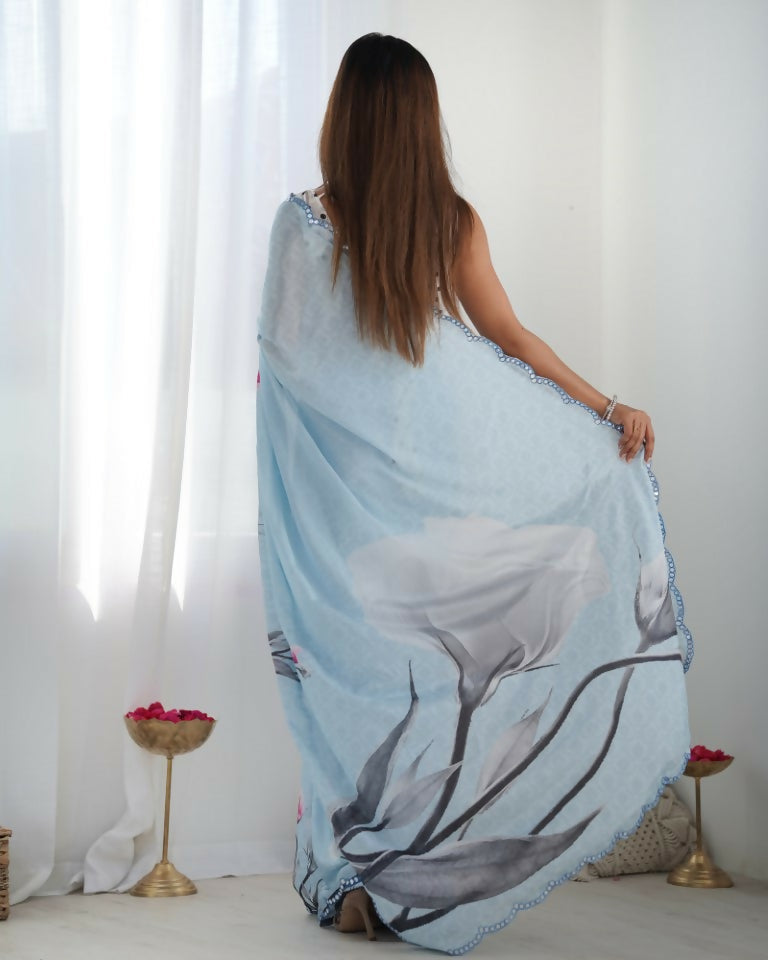 Sky Blue Chinon Designer Digital Printed & Mirror Cut Work Saree - Kriti | Grocsy
