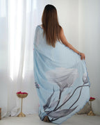 Sky Blue Chinon Designer Digital Printed & Mirror Cut Work Saree - Kriti | Grocsy