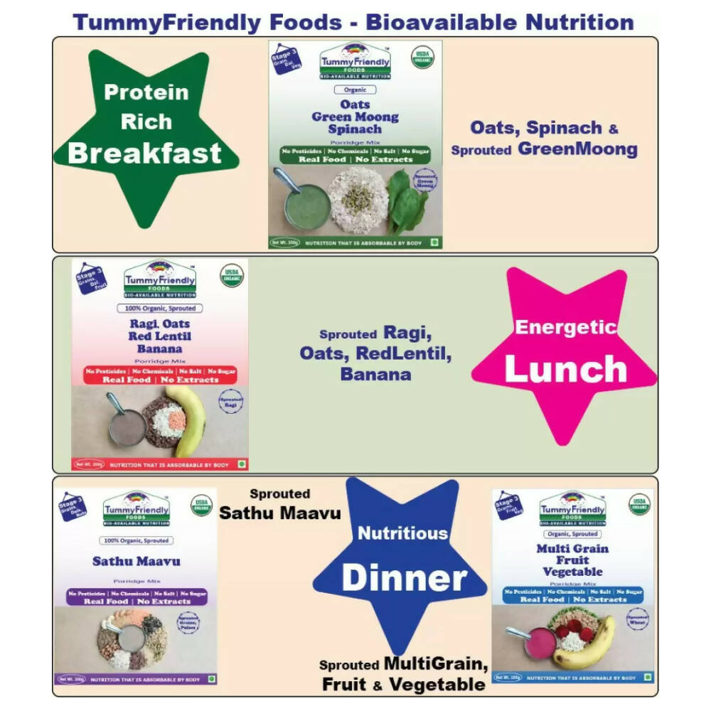 TummyFriendly Foods Organic Certified Stage3 Sprouted Porridge Mixes Combo - 4 Packs With Oats for 8 Months Old Baby | Grocsy