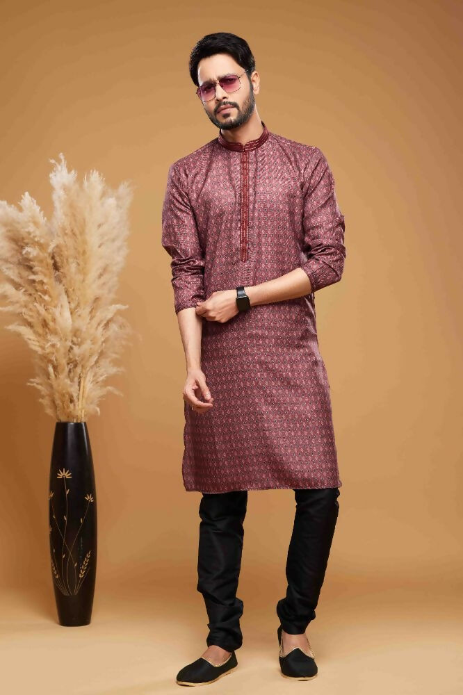 Raivat Ethnic Art Silk Digital Print Pintux Work Kurta Pajama In Maroon Colour | Grocsy