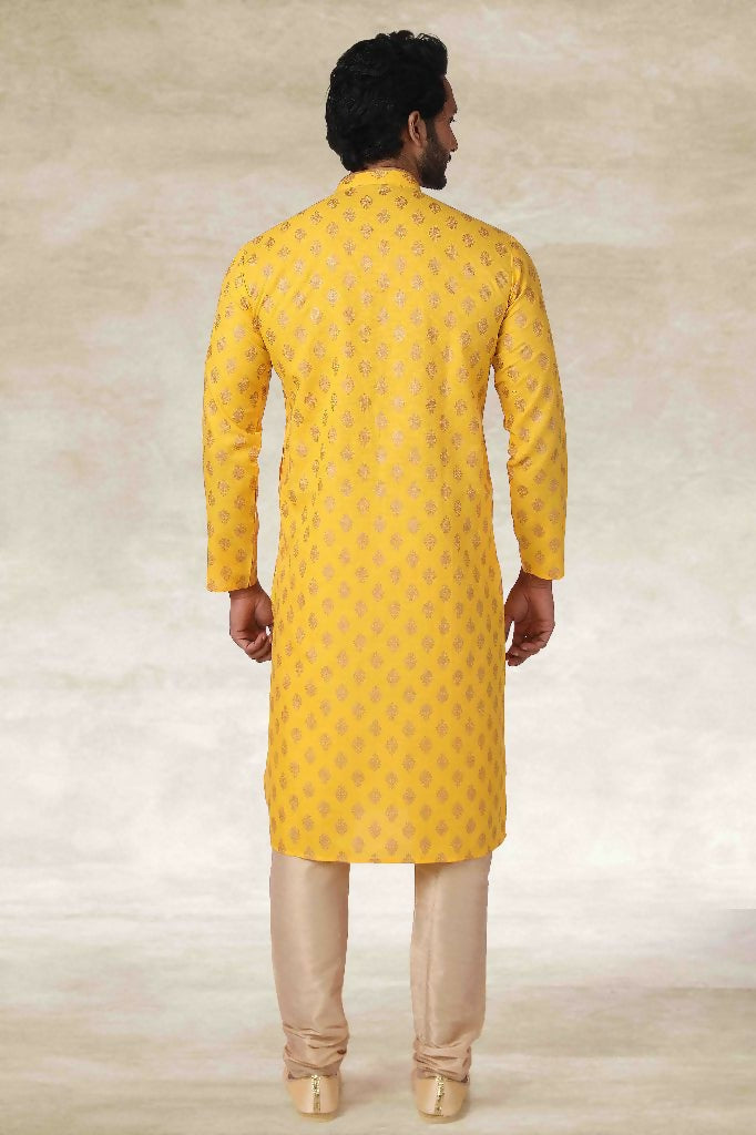 Raivat Ethnic Cotton Printed Work Kurta Pajama In Yellow Colour | Grocsy