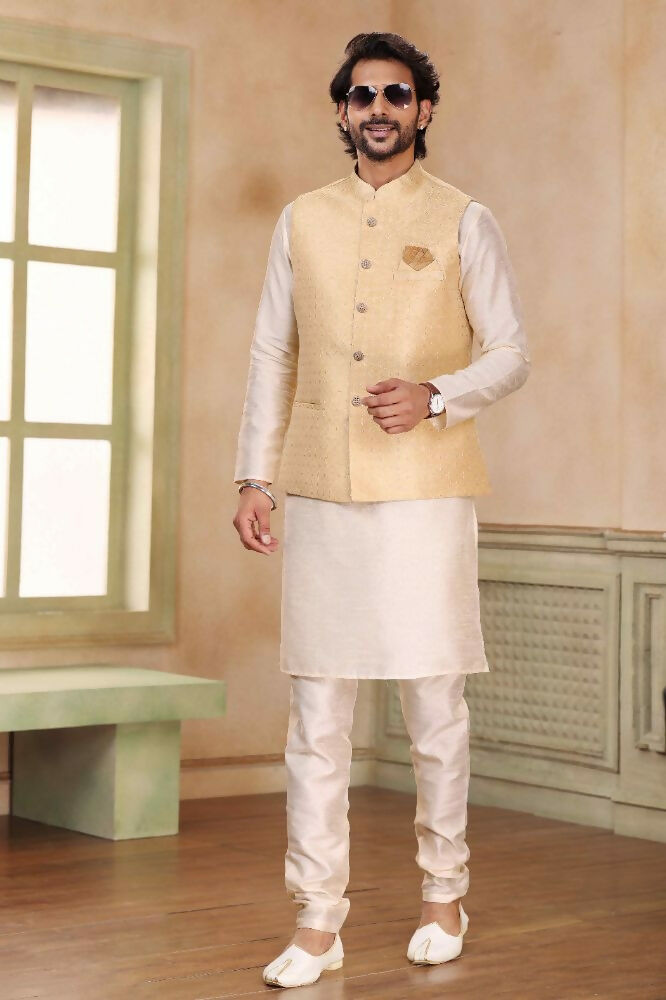 Raivat Ethnic Jacquard Banarasi Silk Woven Work 3 Pics Jacket Set In Beige Colour | Grocsy