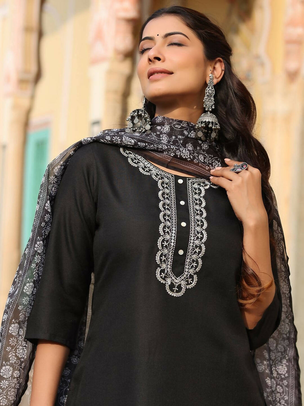 Juniper Women's Black Silk Solid Embroidered Kurta Set | Grocsy