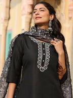 Juniper Women's Black Silk Solid Embroidered Kurta Set | Grocsy
