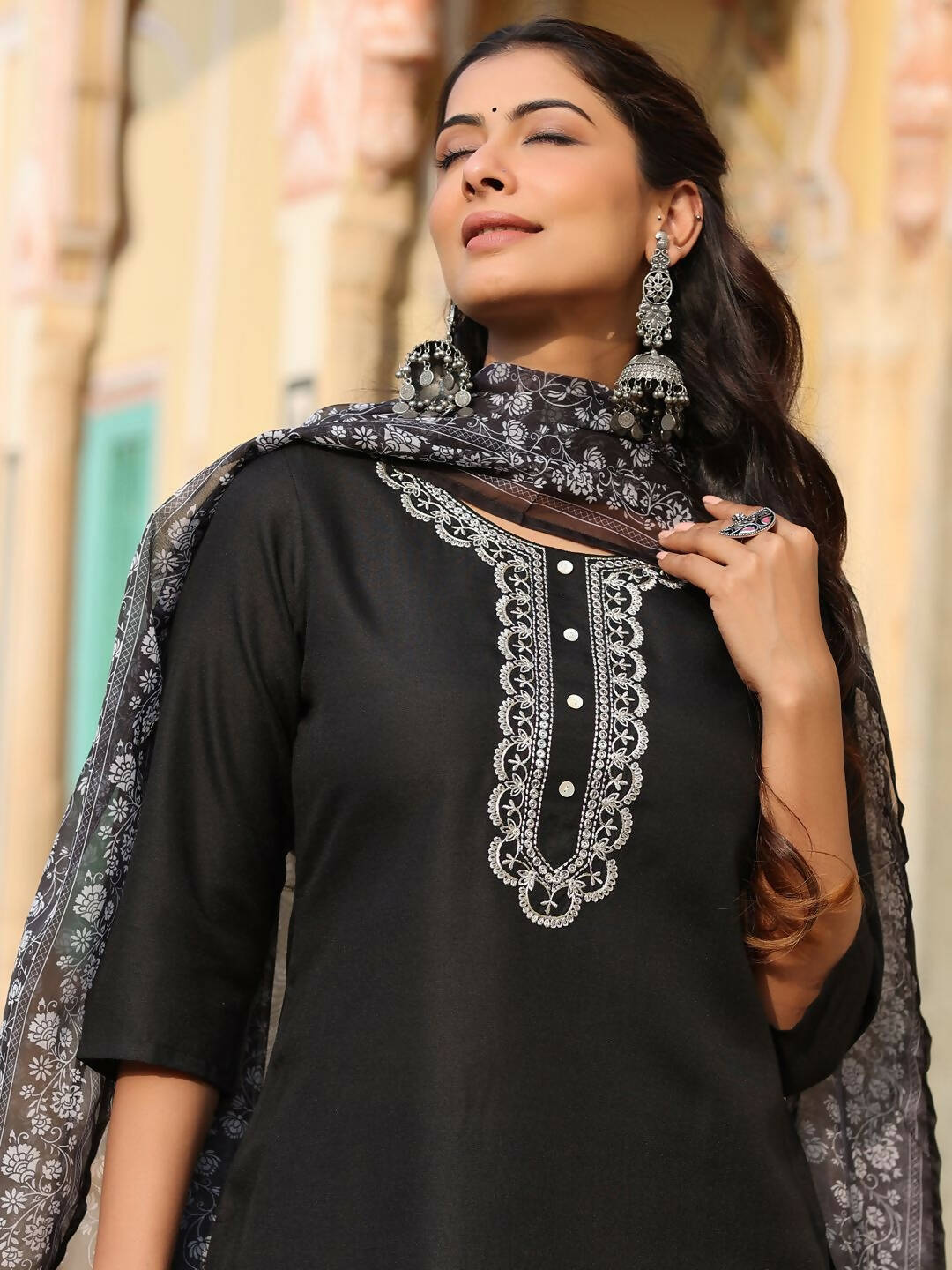 Juniper Women's Black Silk Solid Embroidered Kurta Set | Grocsy