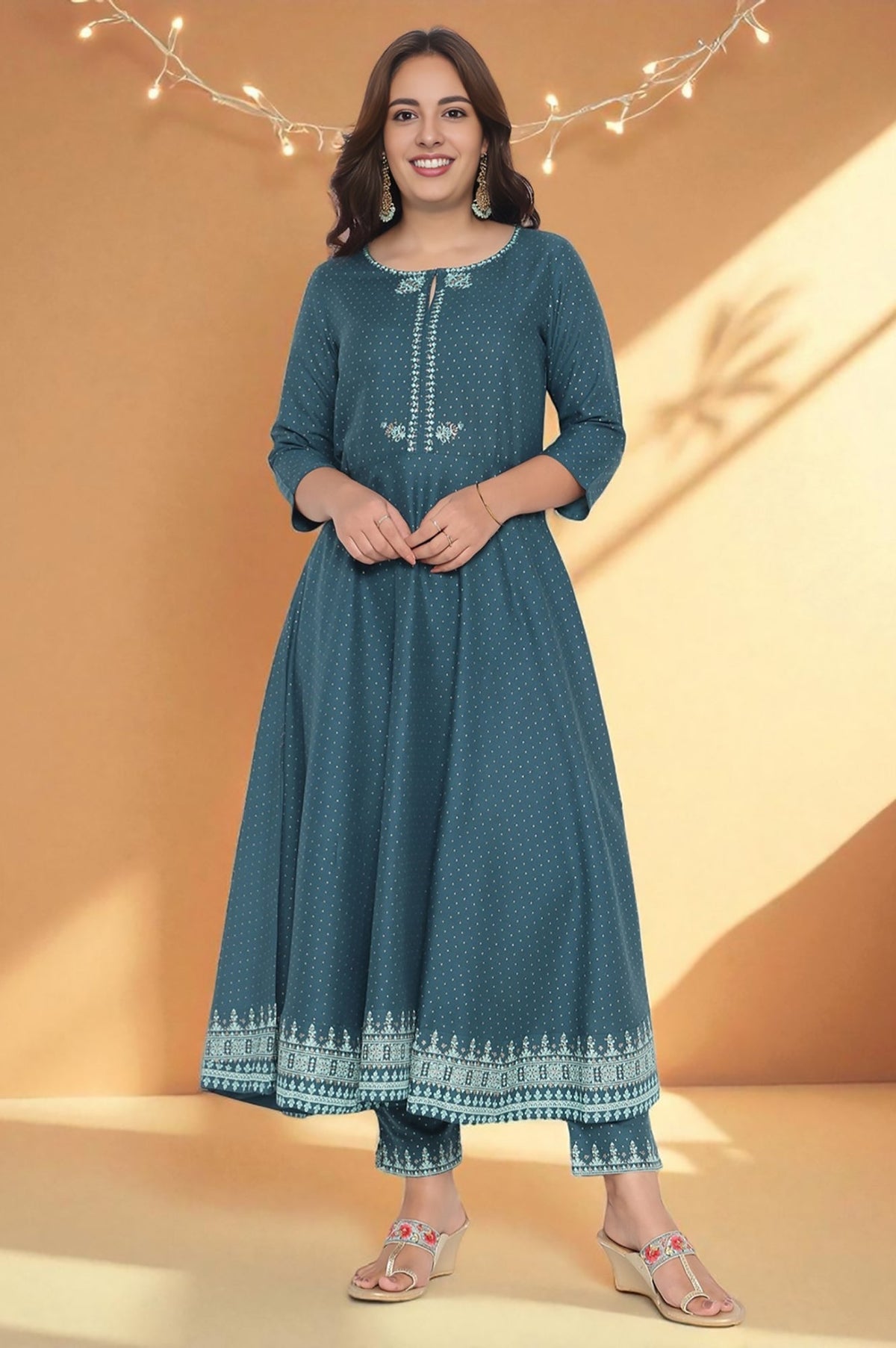 W for Woman Teal Printed Rayon Kurta and Straight Pant Set | Grocsy
