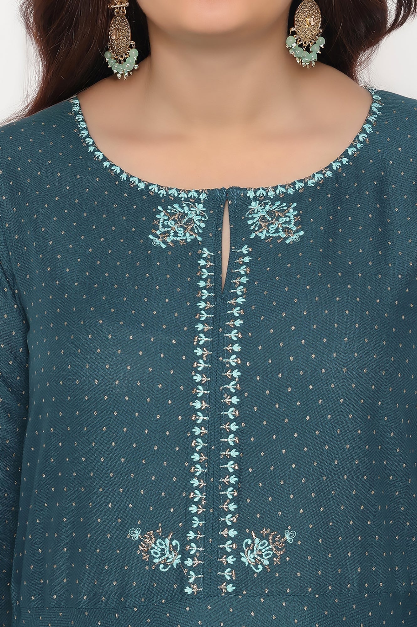 W for Woman Teal Printed Rayon Kurta and Straight Pant Set | Grocsy