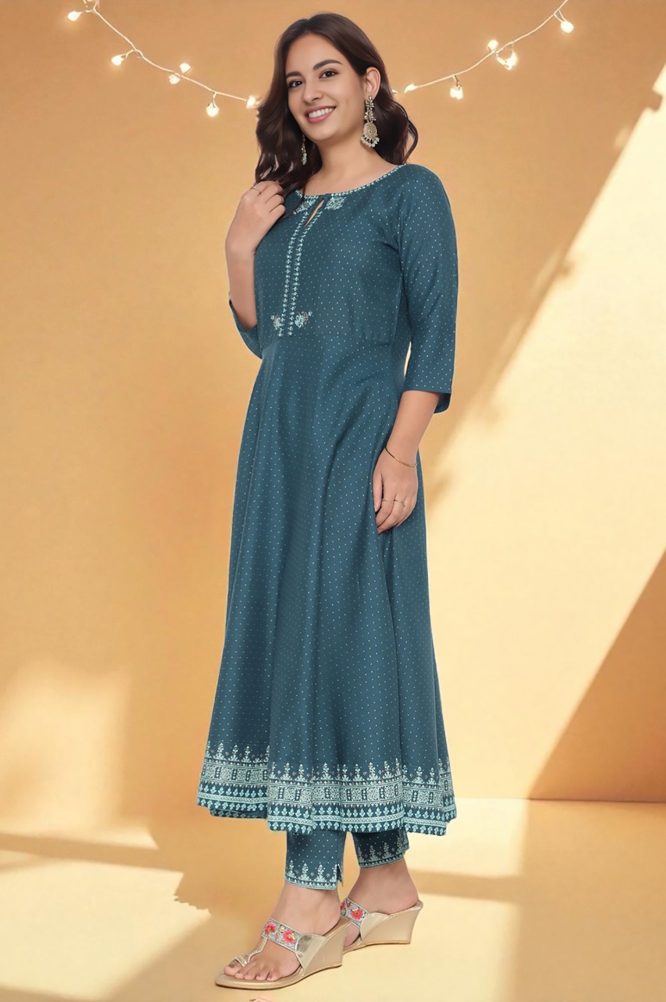 W for Woman Teal Printed Rayon Kurta and Straight Pant Set | Grocsy