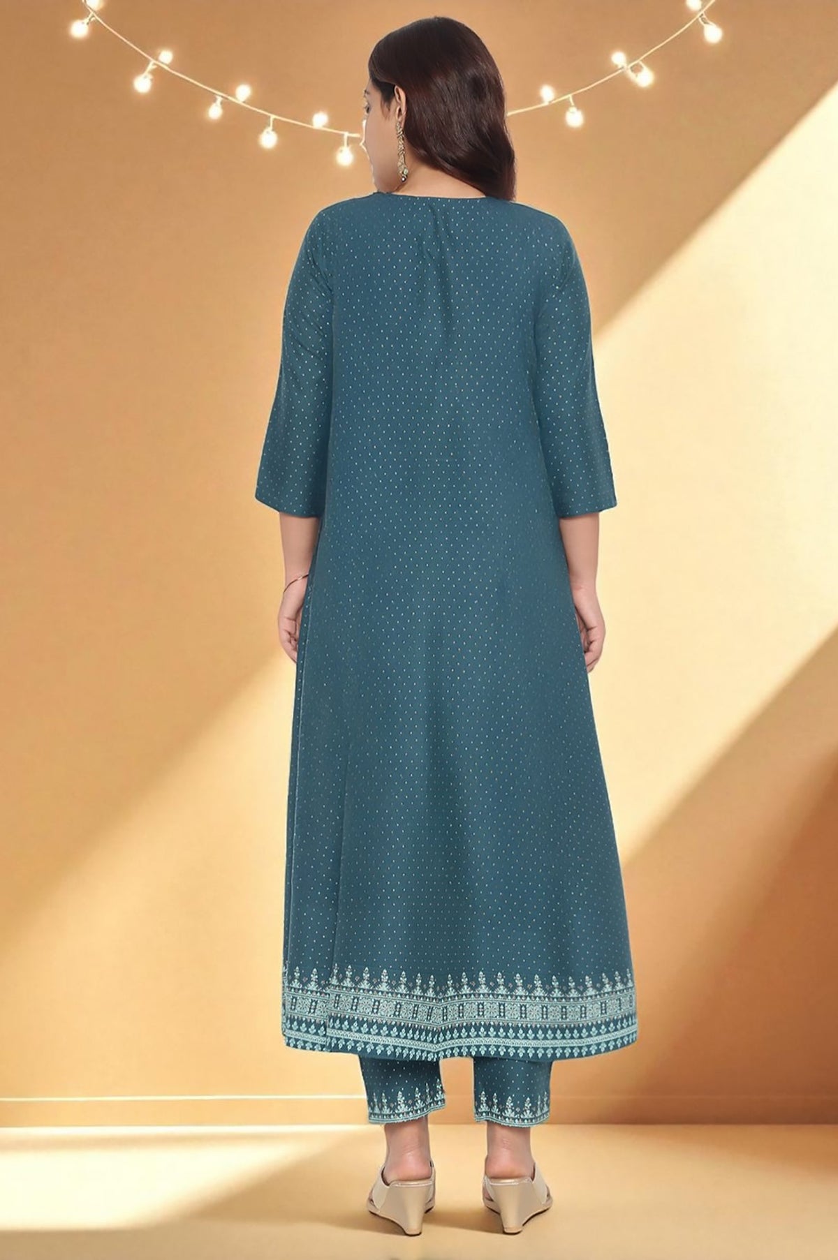 W for Woman Teal Printed Rayon Kurta and Straight Pant Set | Grocsy