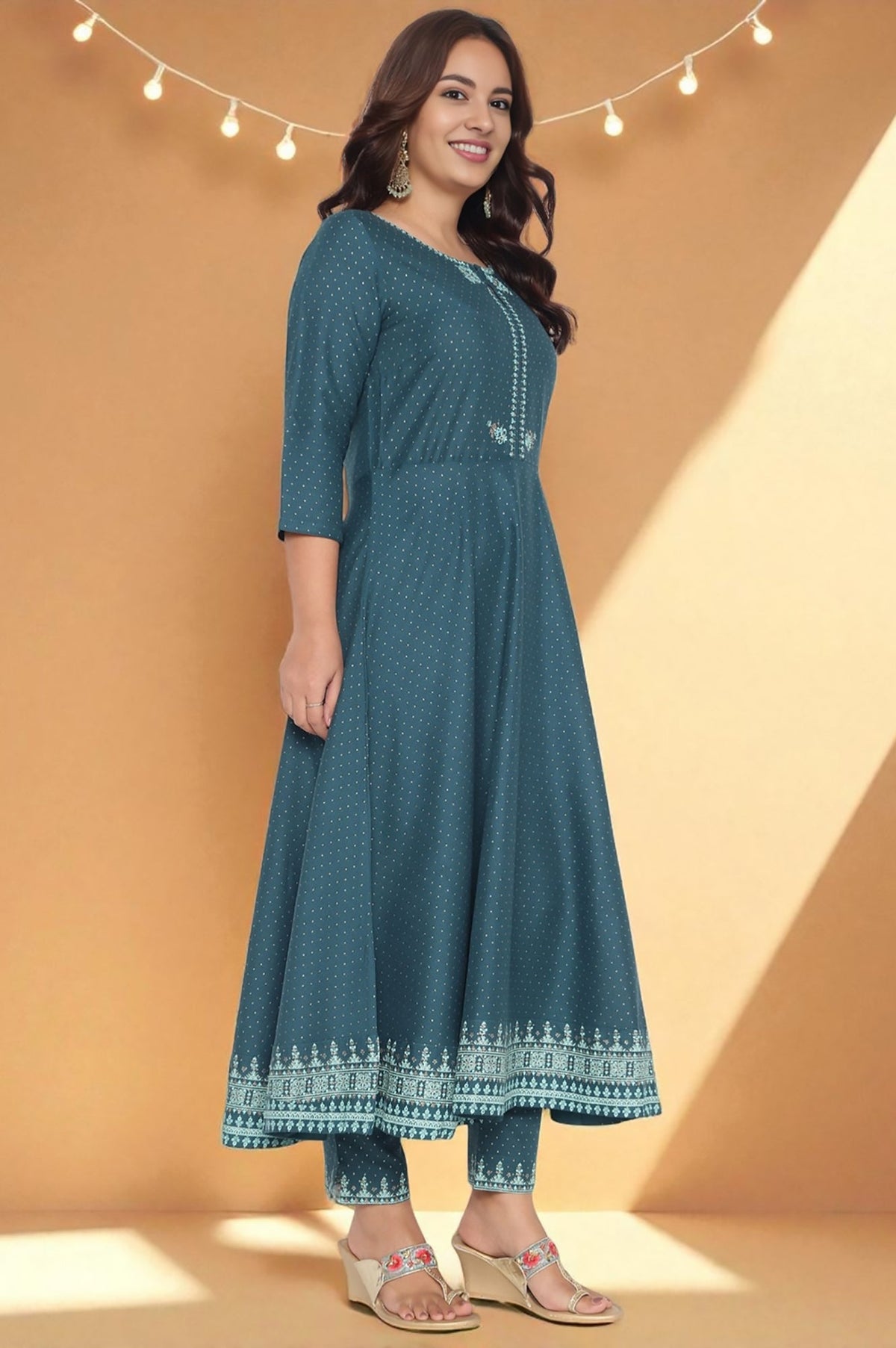 W for Woman Teal Printed Rayon Kurta and Straight Pant Set | Grocsy