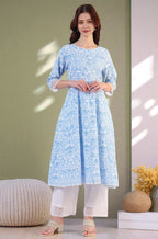 W for Woman Light Blue Floral Printed Pure Cotton Anarkali Kurta and Straight Pants Set | Grocsy