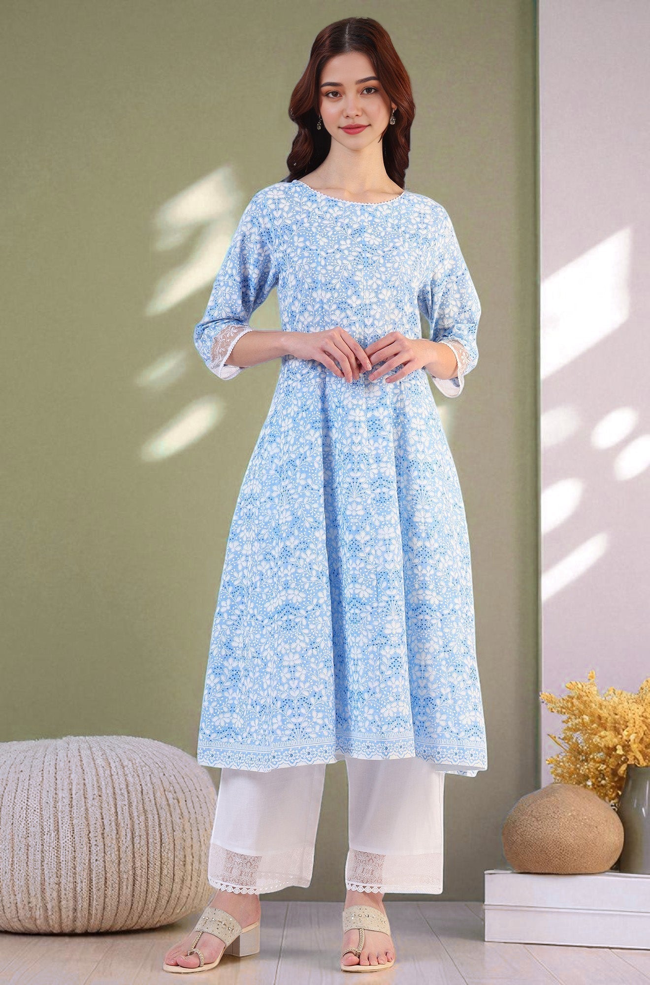 W for Woman Light Blue Floral Printed Pure Cotton Anarkali Kurta and Straight Pants Set | Grocsy