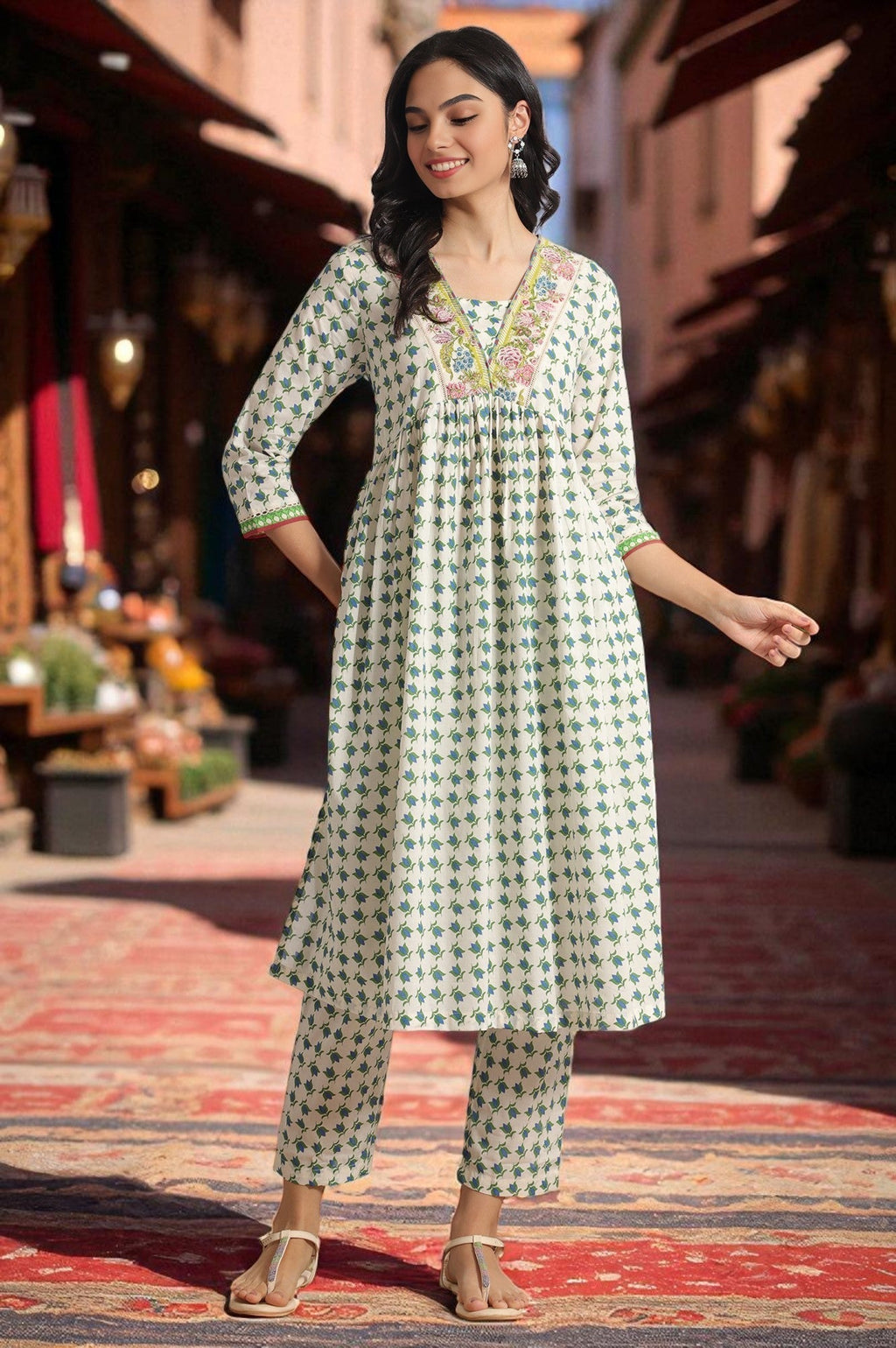 W for Woman White Lotus Printed Pure Cotton Kurta and Pants Co-ord Set | Grocsy