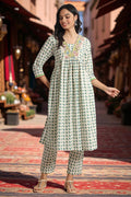 W for Woman White Lotus Printed Pure Cotton Kurta and Pants Co-ord Set | Grocsy