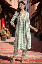 W for Woman White Lotus Printed Pure Cotton Kurta and Pants Co-ord Set | Grocsy