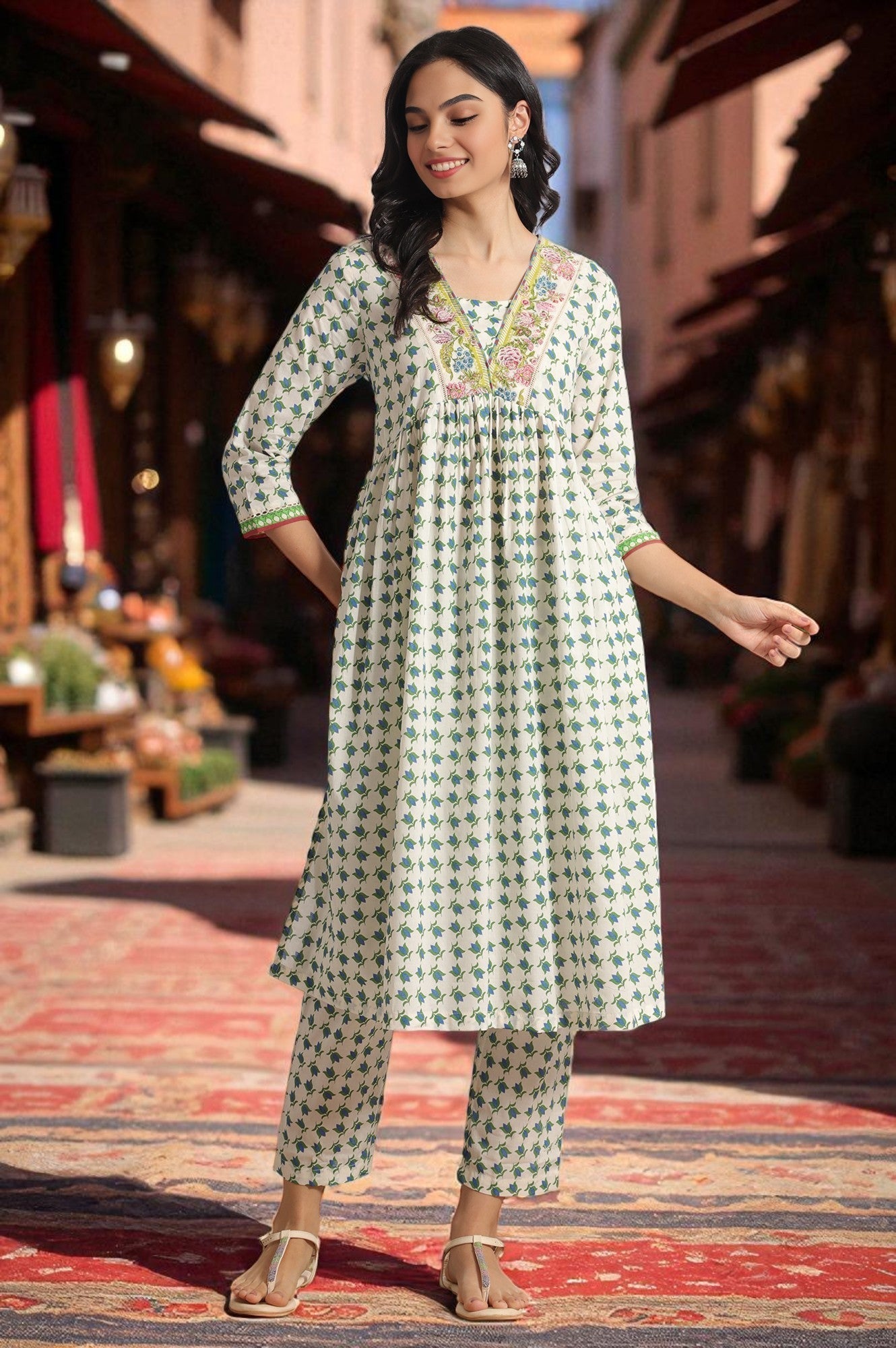 W for Woman White Lotus Printed Pure Cotton Kurta and Pants Co-ord Set | Grocsy