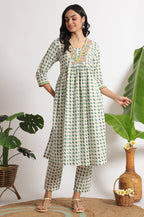 W for Woman White Lotus Printed Pure Cotton Kurta and Pants Co-ord Set | Grocsy