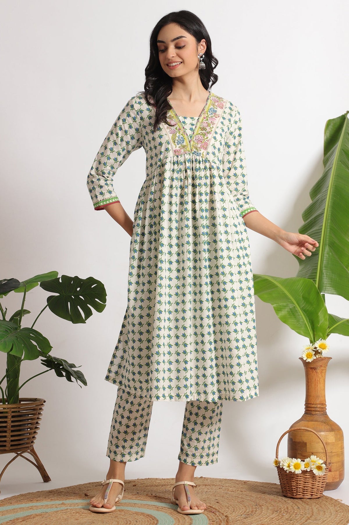 W for Woman White Lotus Printed Pure Cotton Kurta and Pants Co-ord Set | Grocsy