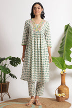 W for Woman White Lotus Printed Pure Cotton Kurta and Pants Co-ord Set | Grocsy