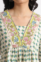 W for Woman White Lotus Printed Pure Cotton Kurta and Pants Co-ord Set | Grocsy