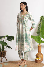 W for Woman White Lotus Printed Pure Cotton Kurta and Pants Co-ord Set | Grocsy