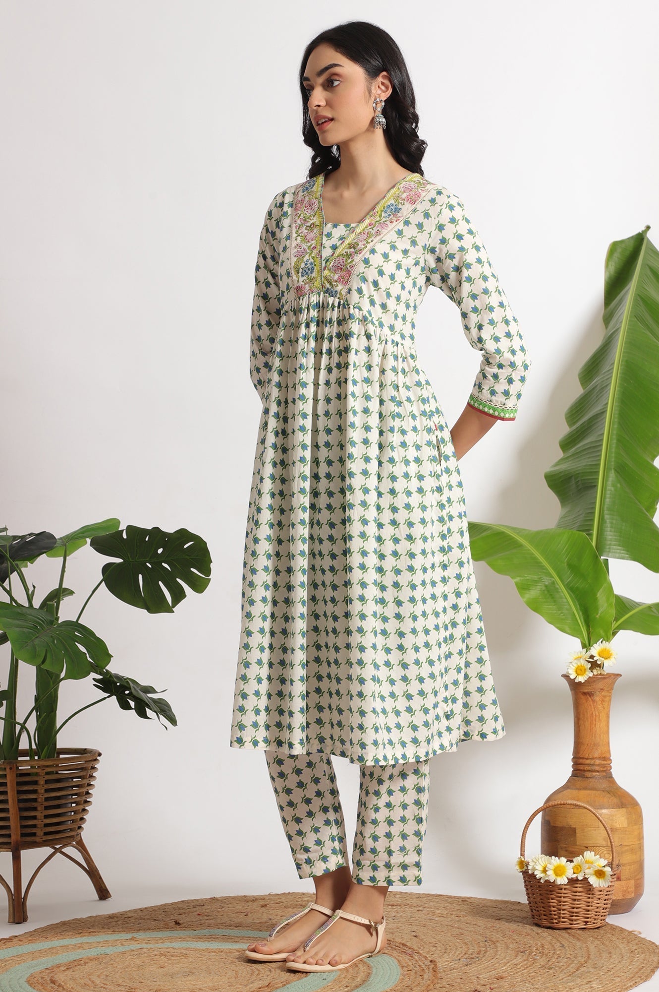 W for Woman White Lotus Printed Pure Cotton Kurta and Pants Co-ord Set | Grocsy