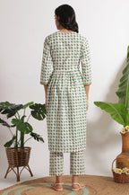 W for Woman White Lotus Printed Pure Cotton Kurta and Pants Co-ord Set | Grocsy