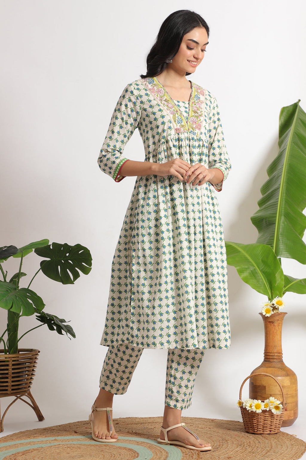 W for Woman White Lotus Printed Pure Cotton Kurta and Pants Co-ord Set | Grocsy
