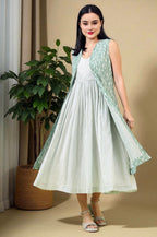 W for Woman White and Green Geometric Printed Flared Spaghetti Dress and Gilet Set | Grocsy