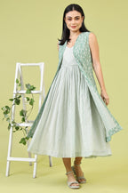 W for Woman White and Green Geometric Printed Flared Spaghetti Dress and Gilet Set | Grocsy