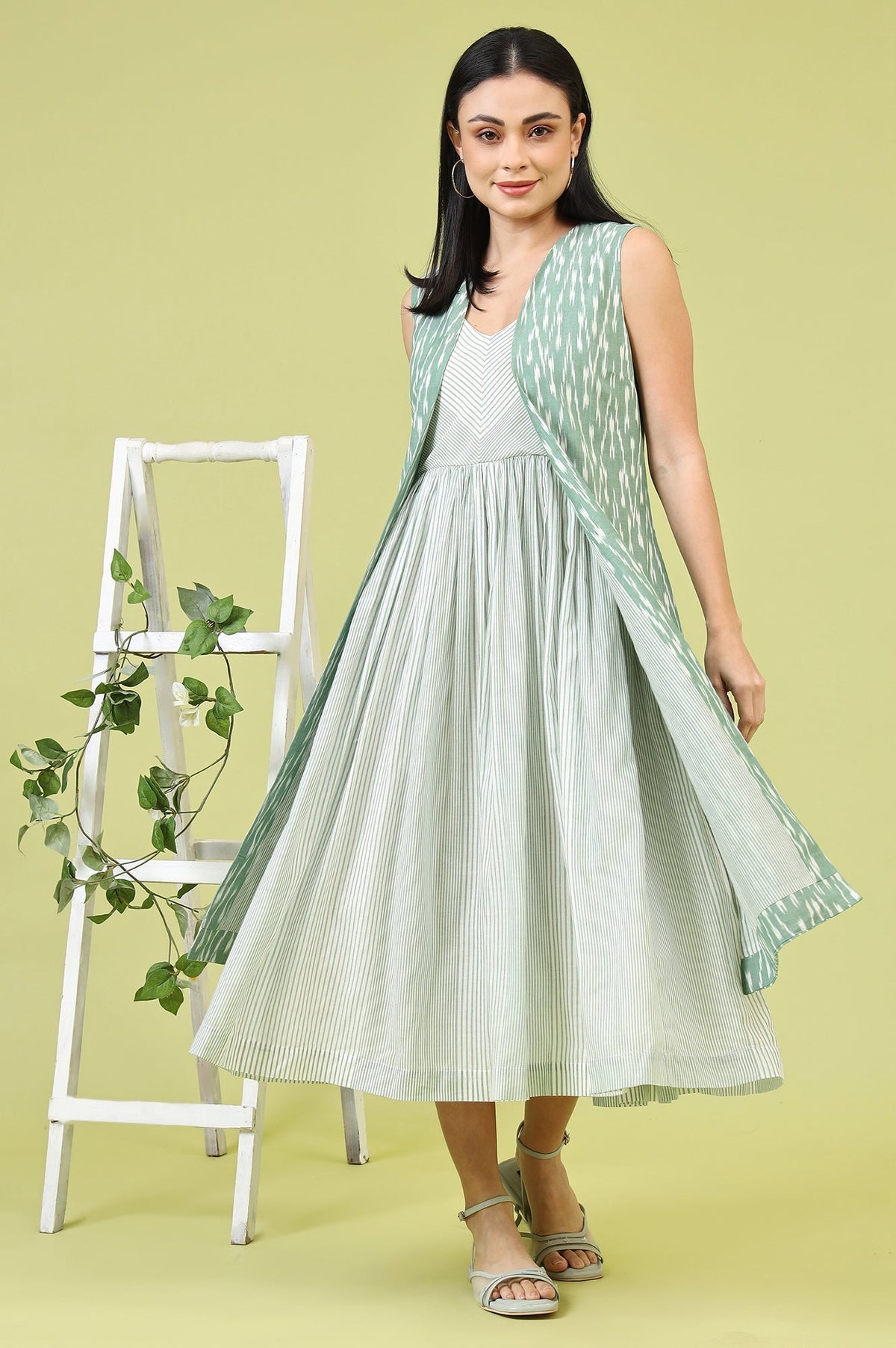 W for Woman White and Green Geometric Printed Flared Spaghetti Dress and Gilet Set | Grocsy