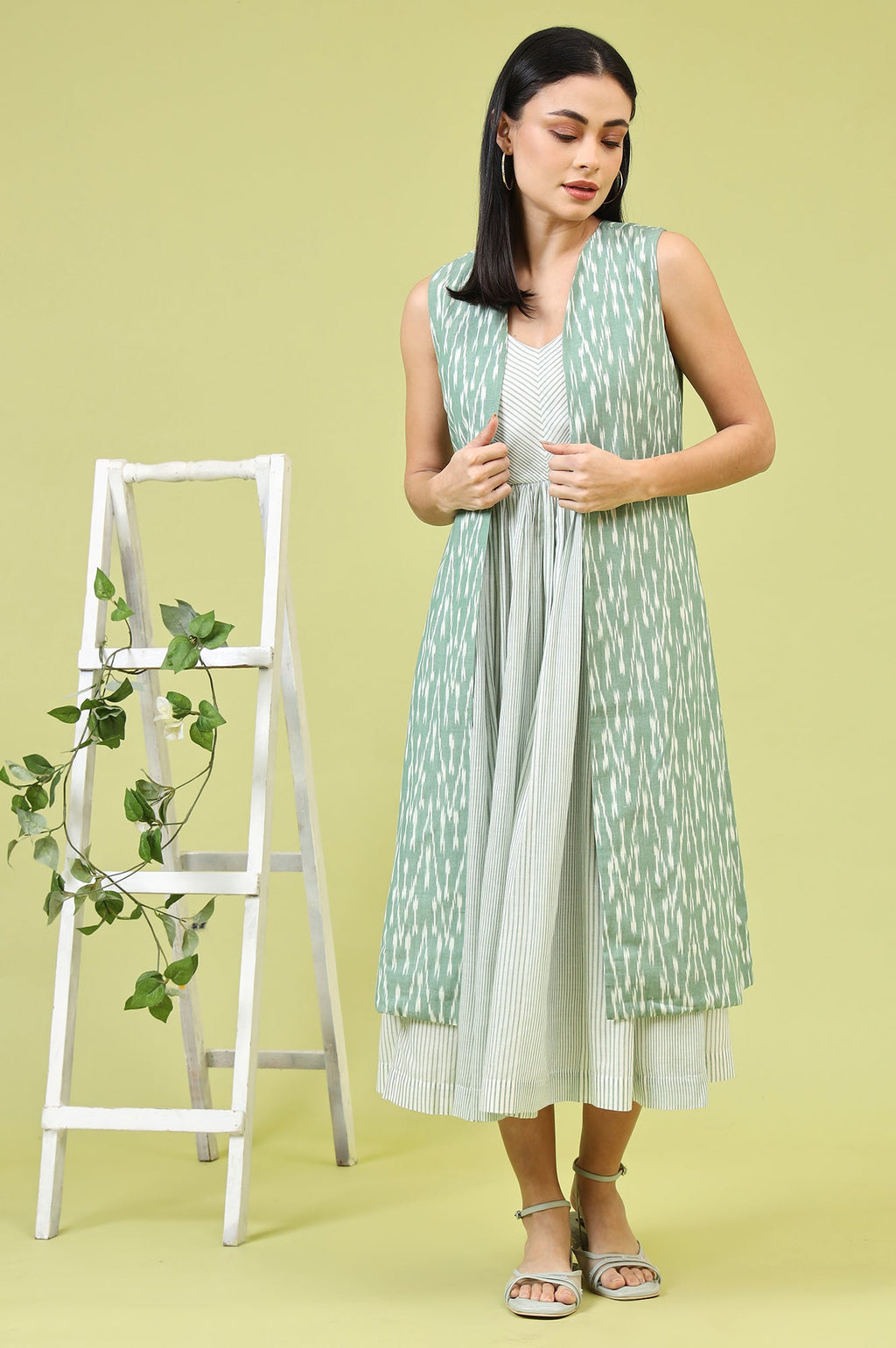 W for Woman White and Green Geometric Printed Flared Spaghetti Dress and Gilet Set | Grocsy