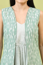 W for Woman White and Green Geometric Printed Flared Spaghetti Dress and Gilet Set | Grocsy