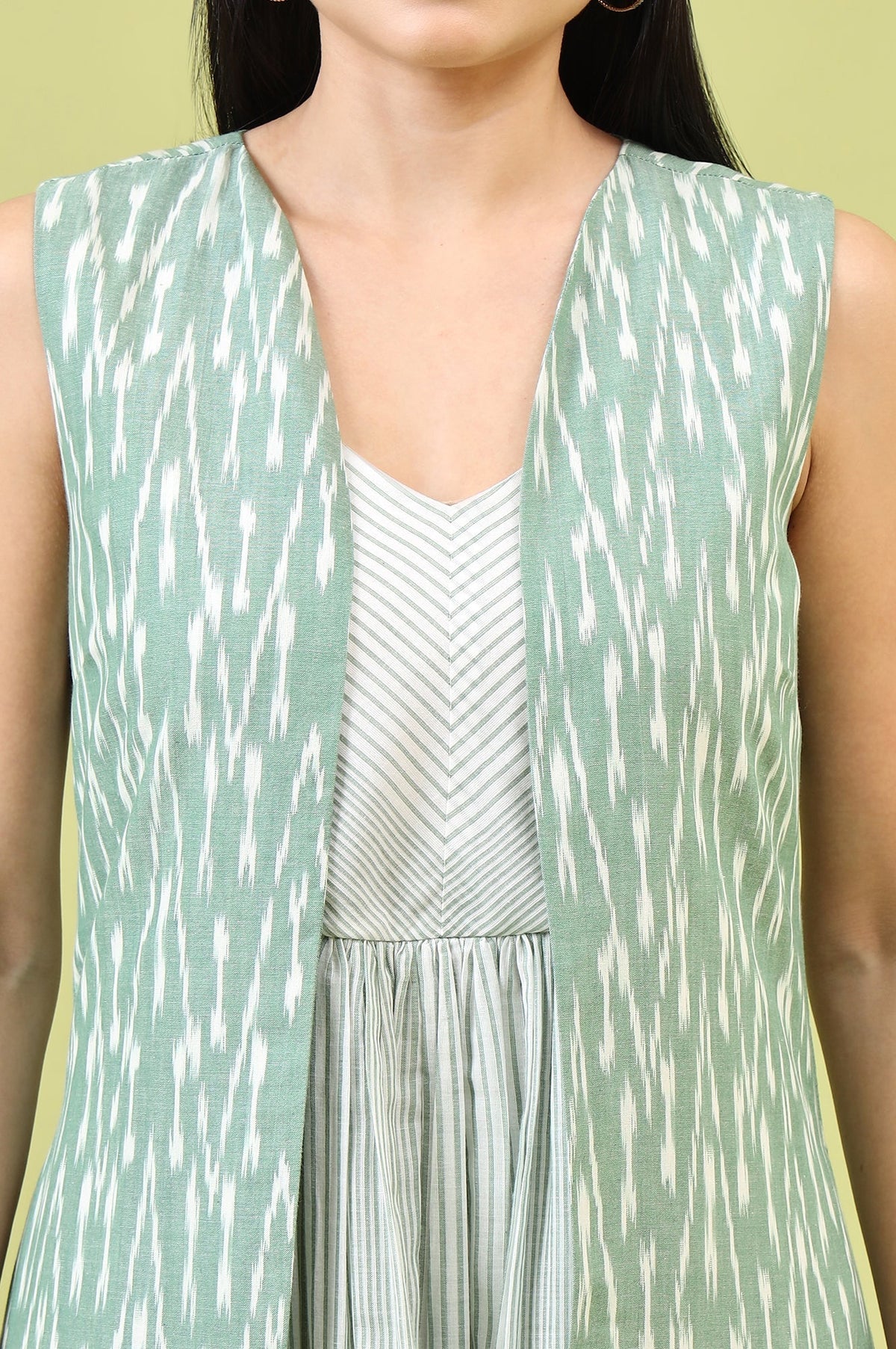 W for Woman White and Green Geometric Printed Flared Spaghetti Dress and Gilet Set | Grocsy
