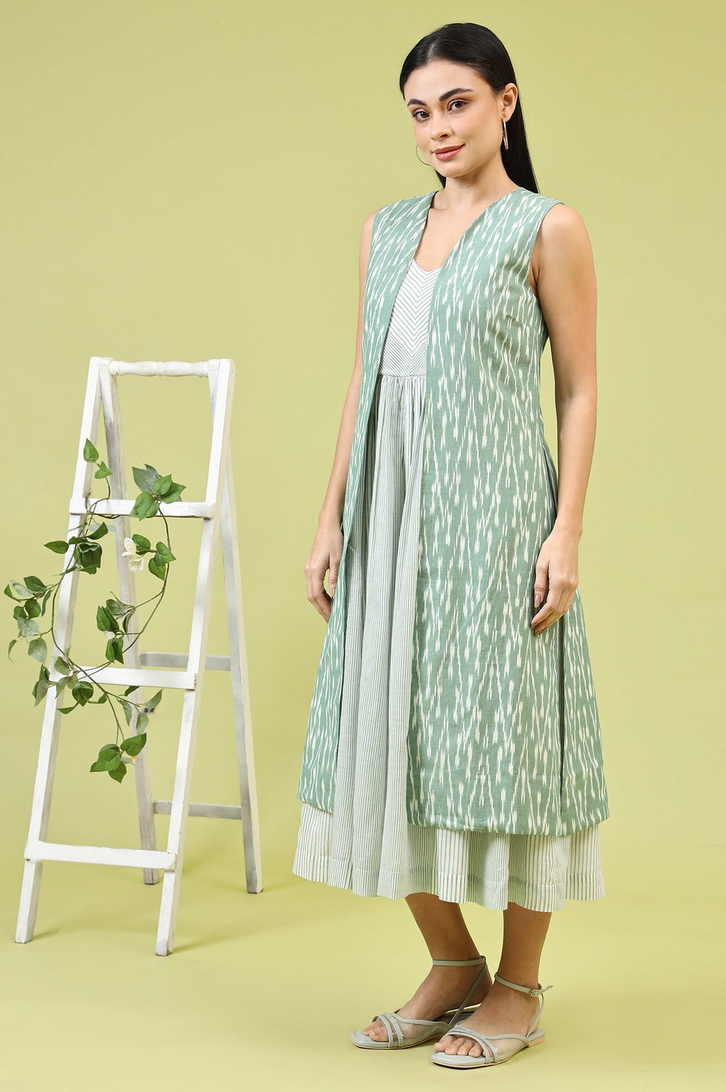 W for Woman White and Green Geometric Printed Flared Spaghetti Dress and Gilet Set | Grocsy