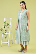 W for Woman White and Green Geometric Printed Flared Spaghetti Dress and Gilet Set | Grocsy