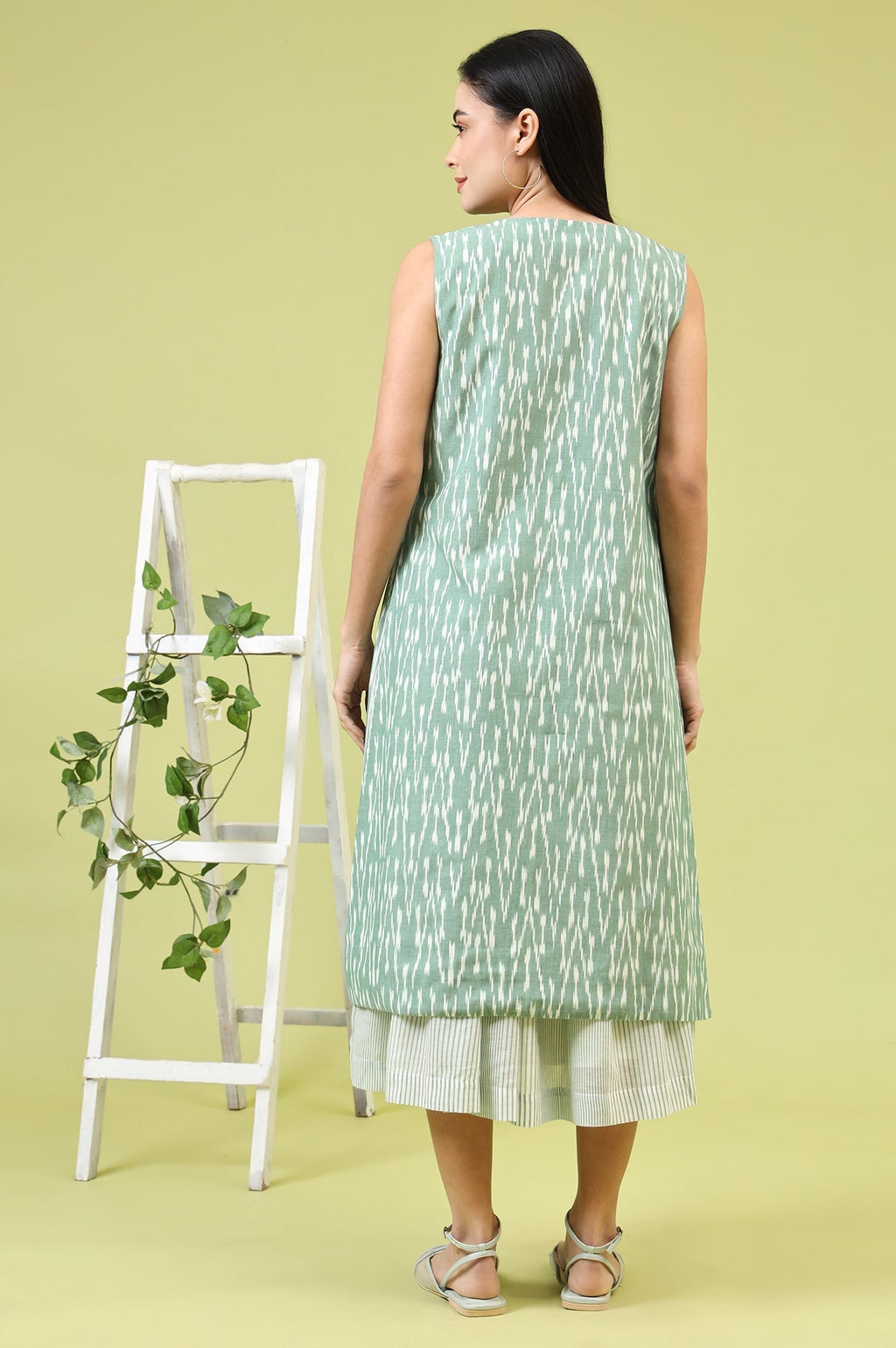 W for Woman White and Green Geometric Printed Flared Spaghetti Dress and Gilet Set | Grocsy