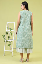 W for Woman White and Green Geometric Printed Flared Spaghetti Dress and Gilet Set | Grocsy