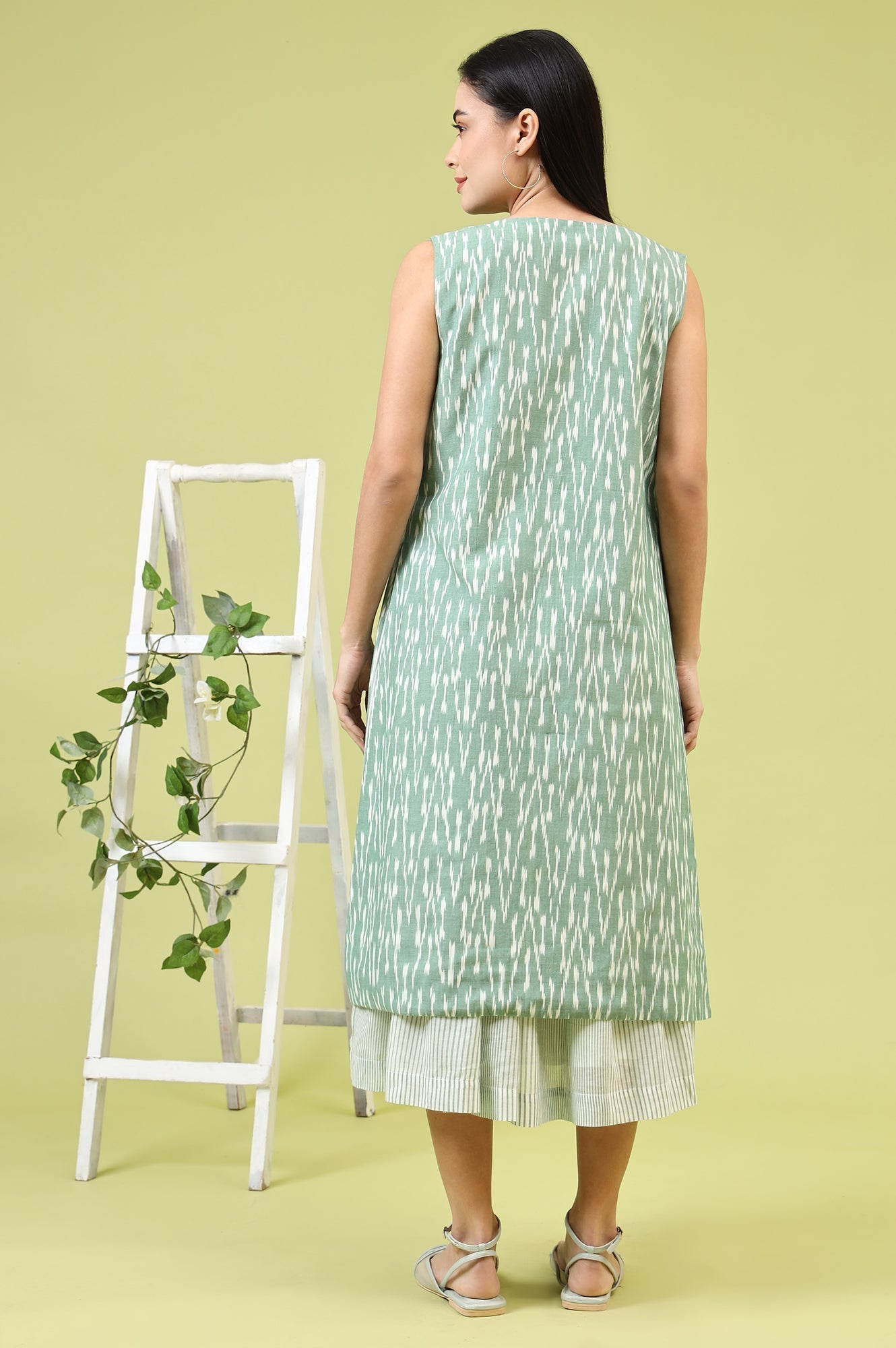 W for Woman White and Green Geometric Printed Flared Spaghetti Dress and Gilet Set | Grocsy