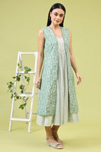 W for Woman White and Green Geometric Printed Flared Spaghetti Dress and Gilet Set | Grocsy