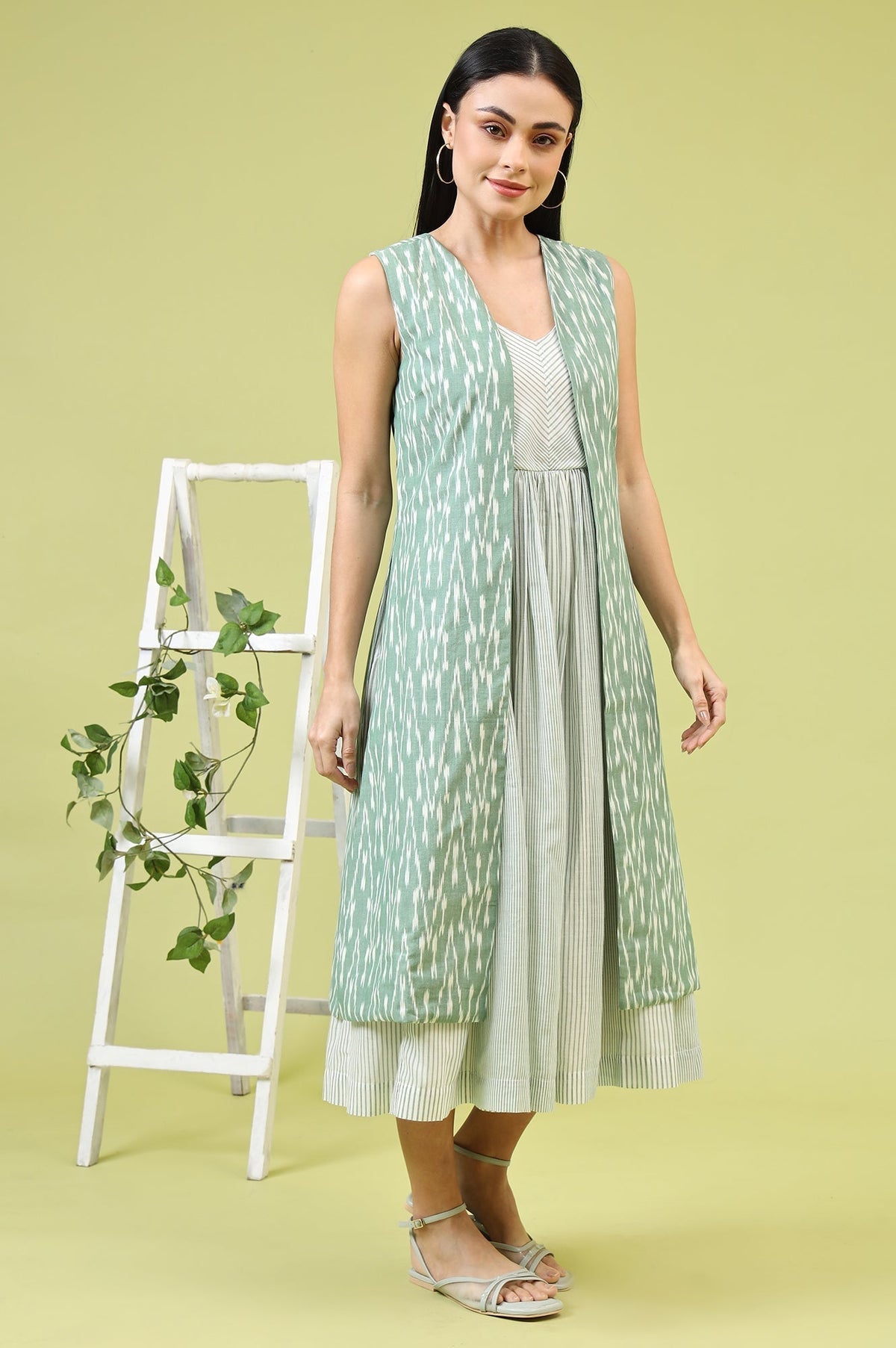 W for Woman White and Green Geometric Printed Flared Spaghetti Dress and Gilet Set | Grocsy