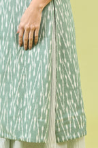 W for Woman White and Green Geometric Printed Flared Spaghetti Dress and Gilet Set | Grocsy