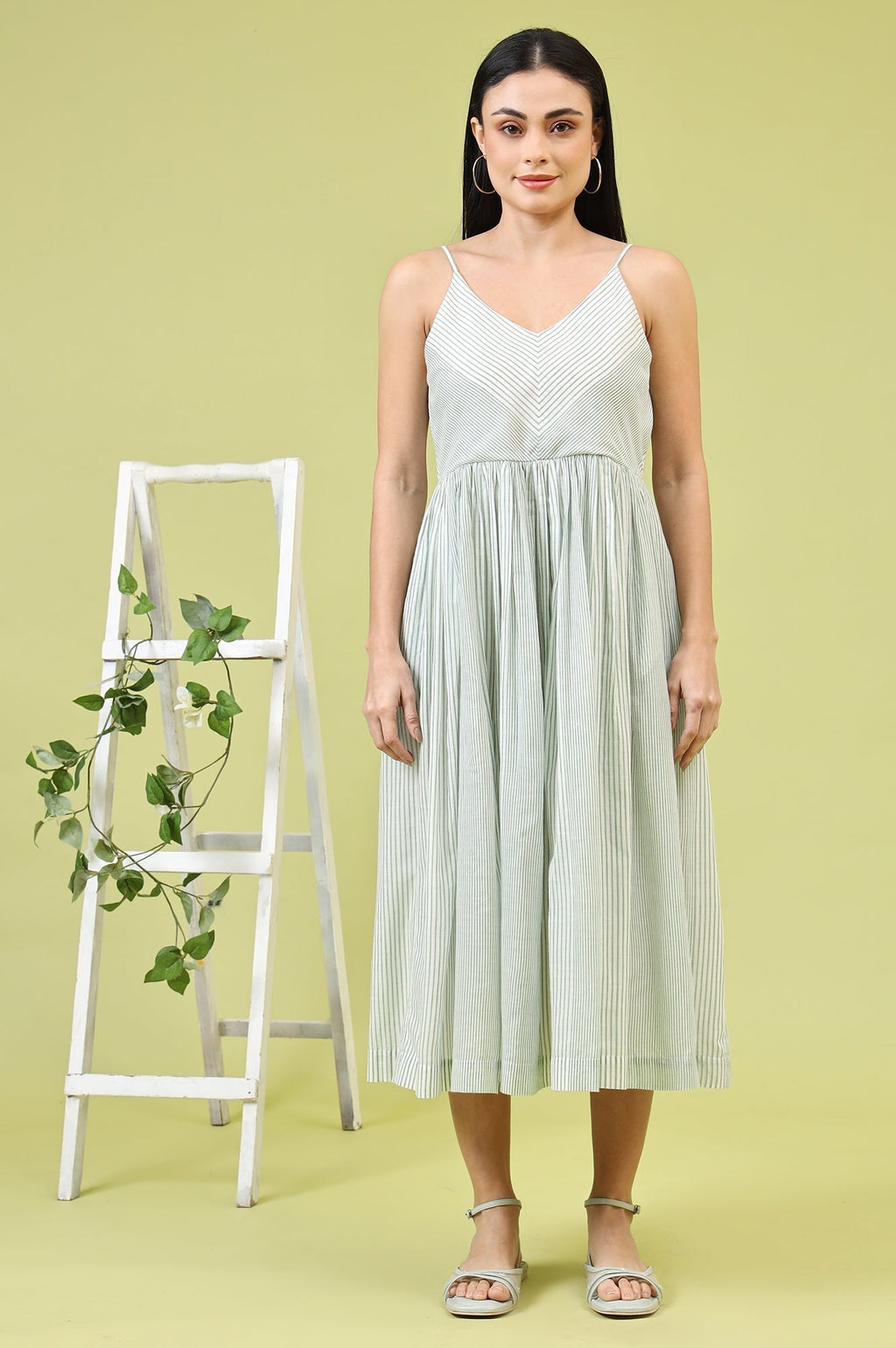 W for Woman White and Green Geometric Printed Flared Spaghetti Dress and Gilet Set | Grocsy