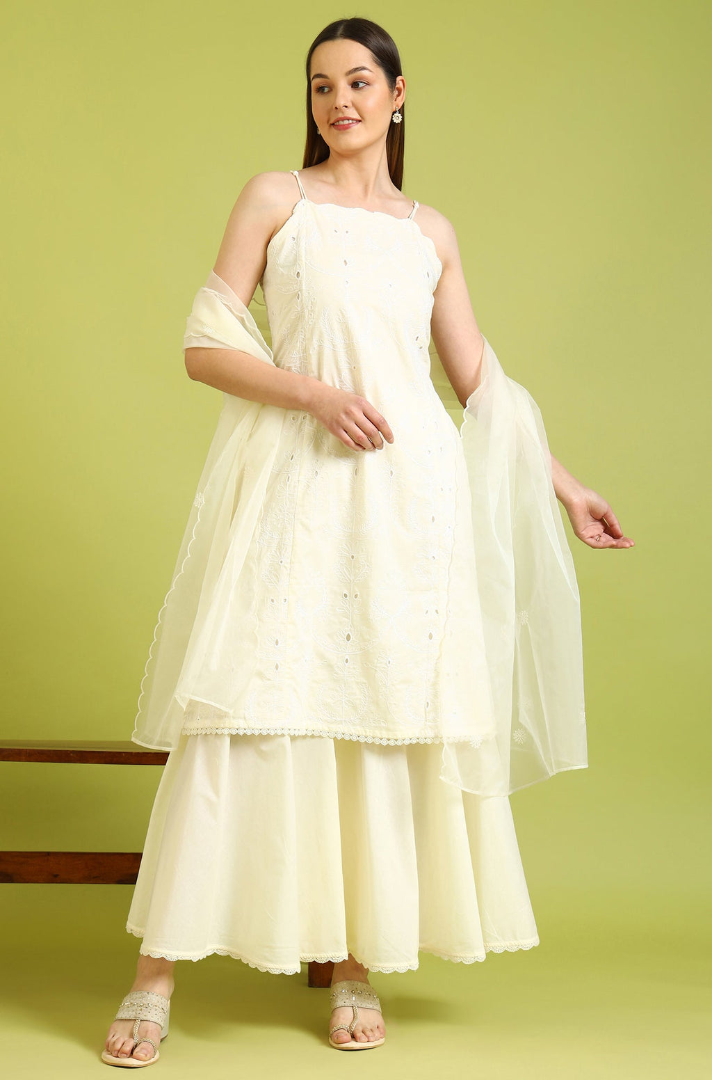 W for Woman White Embroidered Pure Cotton Straight Spaghetti Kurta and Sharara Set with Dupatta | Grocsy