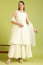 W for Woman White Embroidered Pure Cotton Straight Spaghetti Kurta and Sharara Set with Dupatta | Grocsy