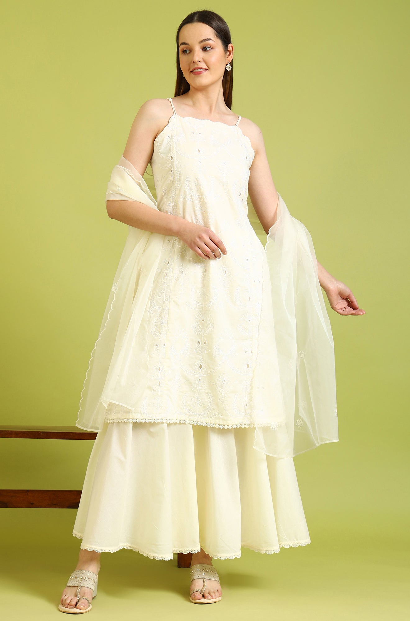 W for Woman White Embroidered Pure Cotton Straight Spaghetti Kurta and Sharara Set with Dupatta | Grocsy